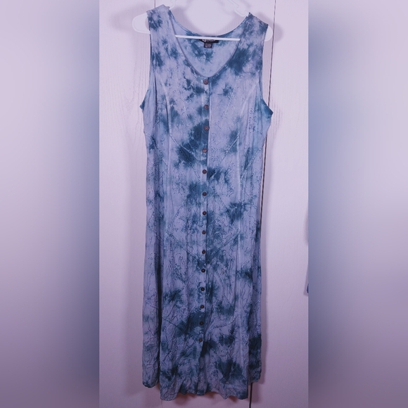 Flower Blue Tie Dye Dress Free Size Embroidered Floral Stich Detail Button Front - Picture 1 of 8